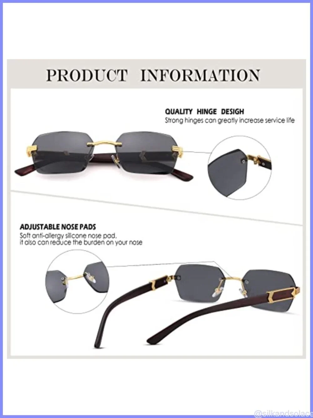 Rimless Rectangle Sunglasses Retro Y2K Square UV400 with Imitation Wood Temples